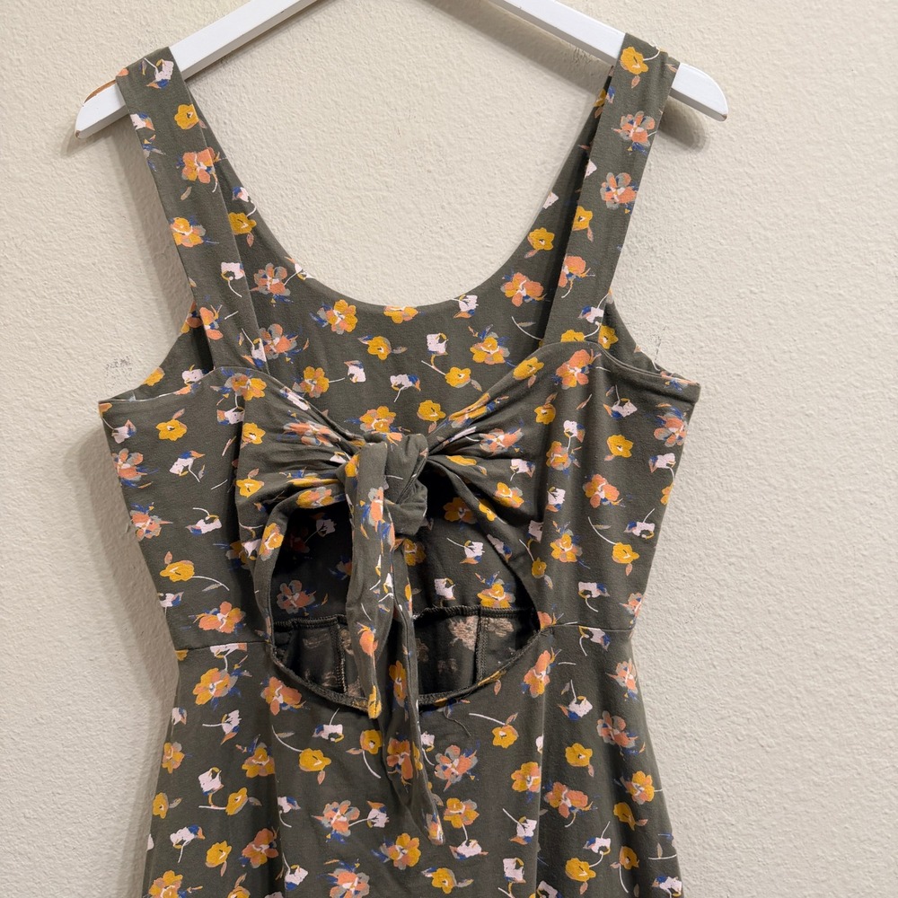 Pact Organic Cotton Fit and Flare Dress Olive Green Floral Tie Back Small - Picture 4 of 11
